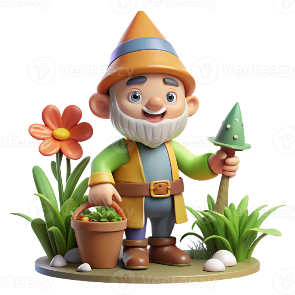 wonderful abstract A whimsical gnome with a pointed hat and a cheerful smile, tending to a magical garden. Warm, inviting lighting. Children's book illustration style detailed png
