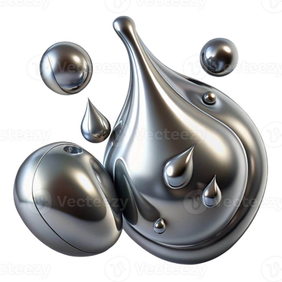 dramatic creative Liquid metal droplets merging and separating, reflecting a distorted, fragmented image of the surrounding space, in an abstract expressionist style genuine png