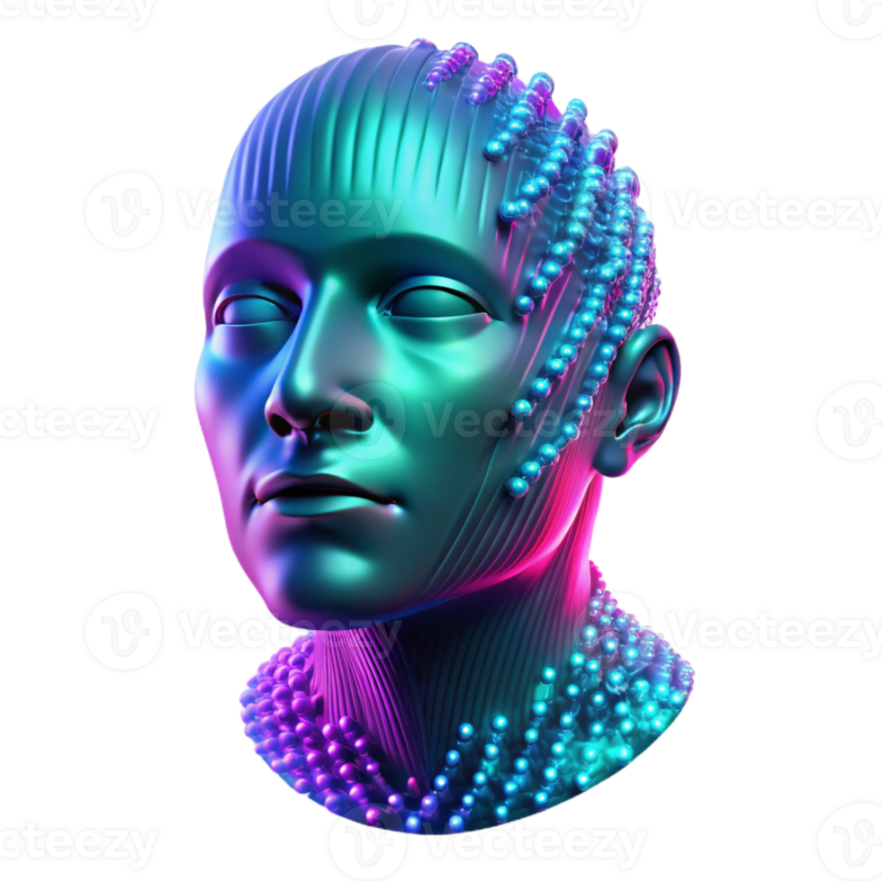 vibrant contemporary A cascading torrent of binary code forming the shape of a human face, illuminated by pulsing neon light in shades of turquoise and magenta. Synthwave style, abstract art authentic png