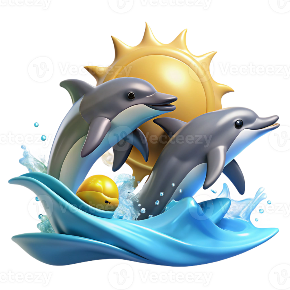 dramatic contemporary A playful group of dolphins leaping out of the ocean waves, illuminated by the bright midday sun, in a photorealistic style professional png