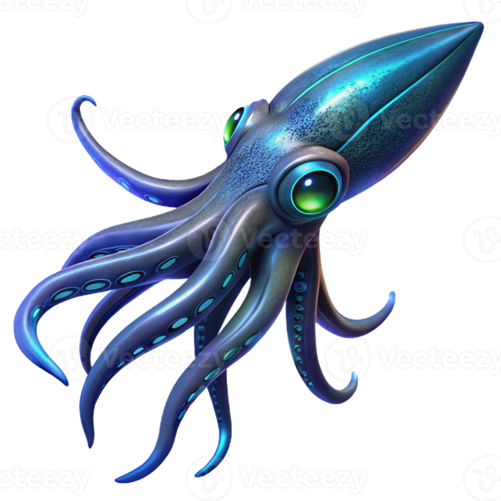 elegant traditional A giant squid swimming in the deep ocean, bioluminescent lighting, otherworldly digital art style detailed png