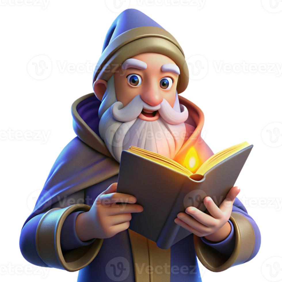serene classic A wise old wizard with a long white beard and twinkling blue eyes studies an ancient tome. Warm, firelight. Renaissance painting style original png