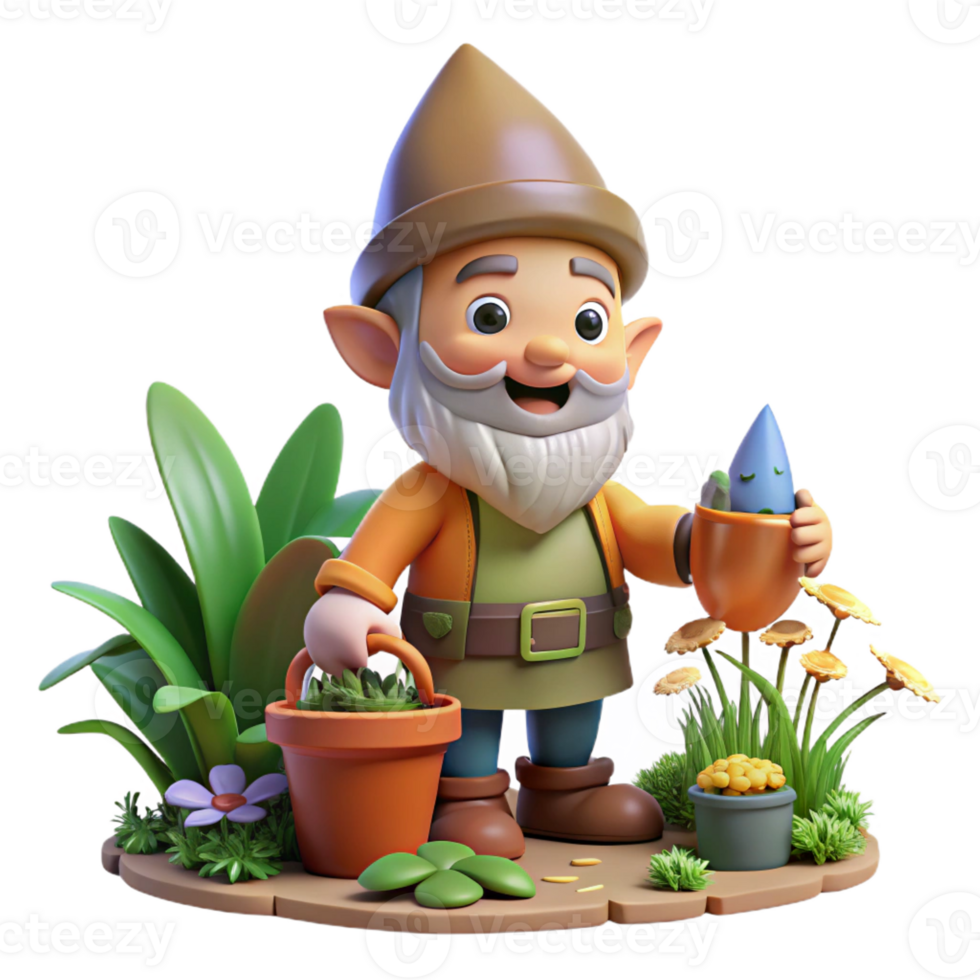 wonderful classic A whimsical gnome with a pointed hat and a cheerful smile, tending to a magical garden. Digital painting, warm lighting high resolution png