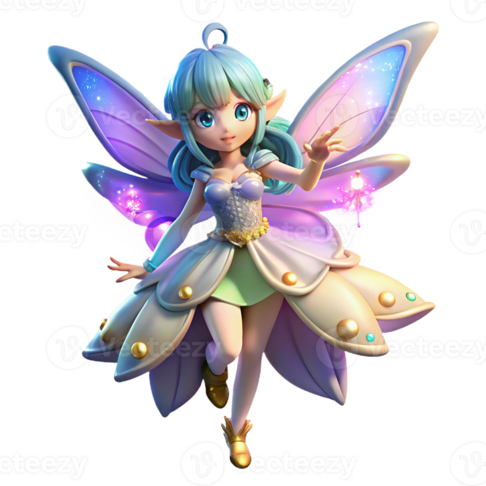 elegant traditional A whimsical anime fairy with iridescent wings, fluttering among flowers, magical lighting with sparkles and glow, in the style of a fantasy anime premium png