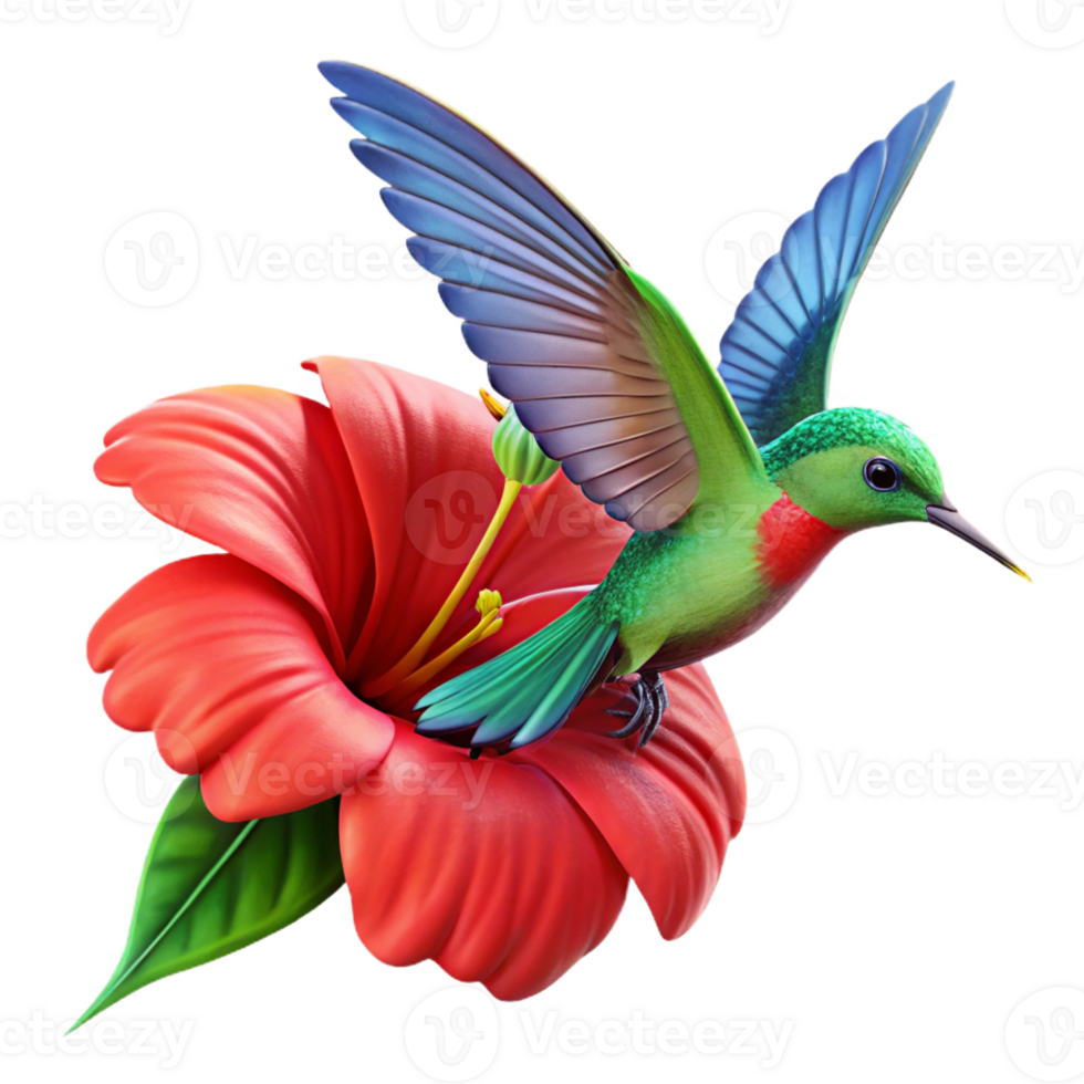 impressive artistic A vibrant hummingbird hovering over a bright red hibiscus flower, wings a blur of motion, captured in macro detail. Photorealistic style genuine png