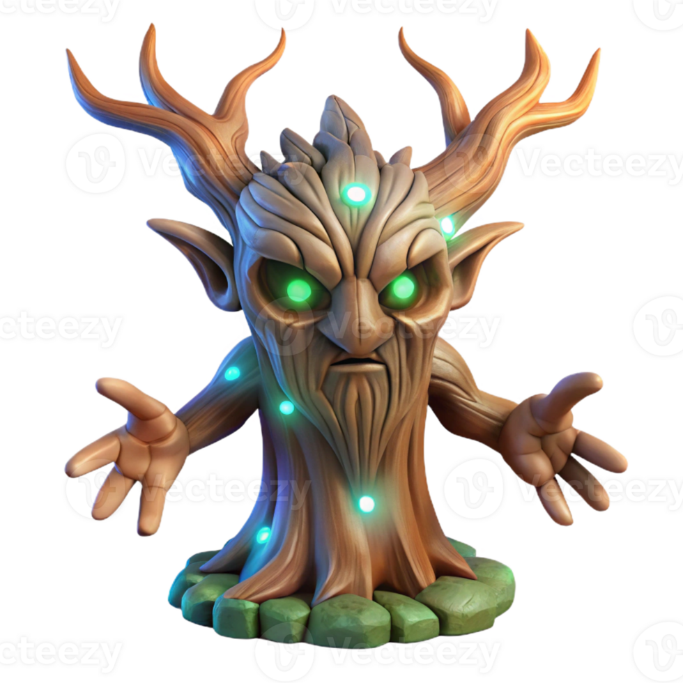 extraordinary vintage An ancient, gnarled tree spirit with glowing runes carved into its bark, radiating an aura of wisdom and power. Soft, ambient light, ethereal painting style high resolution png