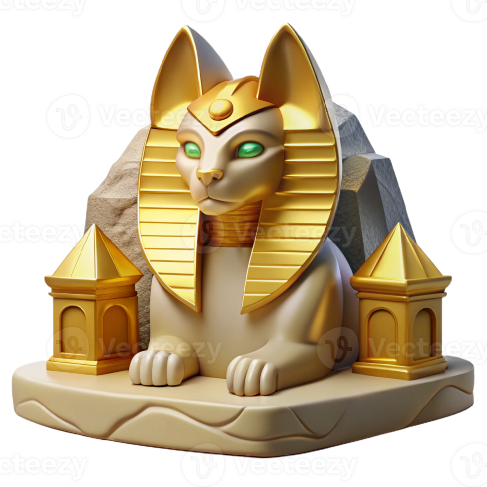 serene rustic A mysterious sphinx with golden fur and enigmatic eyes guards a hidden temple. Harsh, desert sunlight. Art Deco style premium png