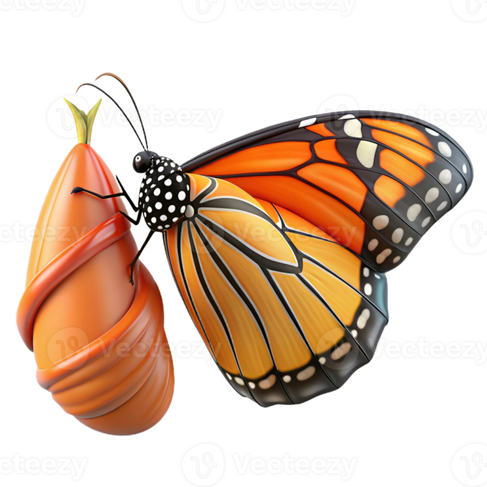 serene abstract A monarch butterfly emerging from its chrysalis, vibrant orange and black wings, soft natural light, macro photography style detailed png