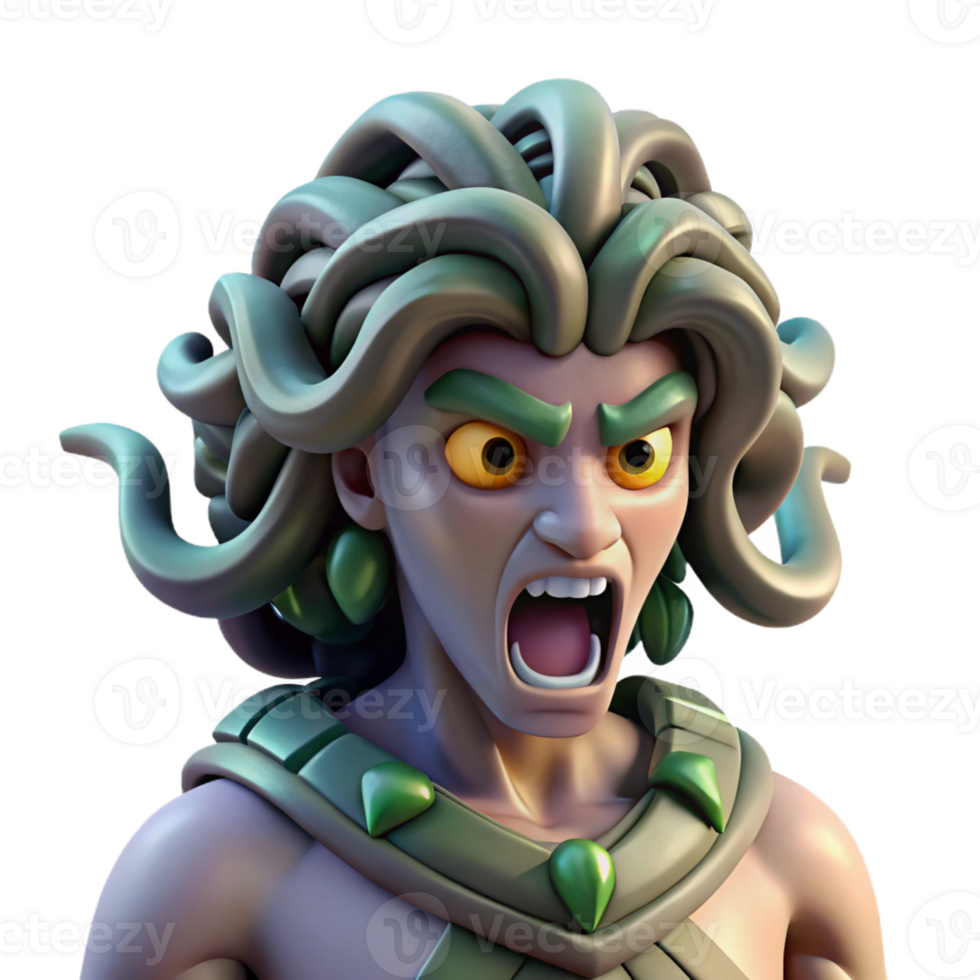 extraordinary creative A fierce gorgon with snake hair and a petrifying gaze, turning a warrior to stone. Dramatic, high-contrast lighting. Mythological style high quality png