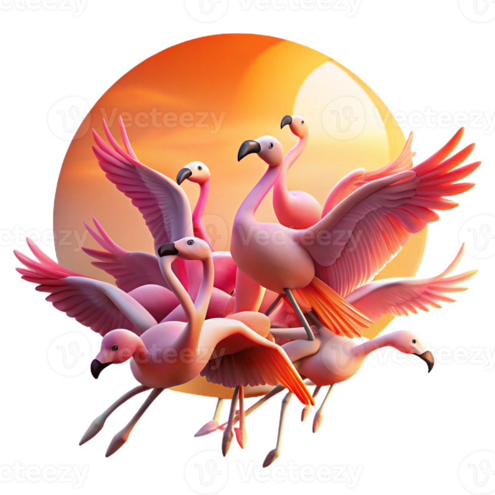 wonderful artistic A flock of flamingos taking flight against a vibrant sunrise, dramatic lighting, dynamic and energetic style detailed png