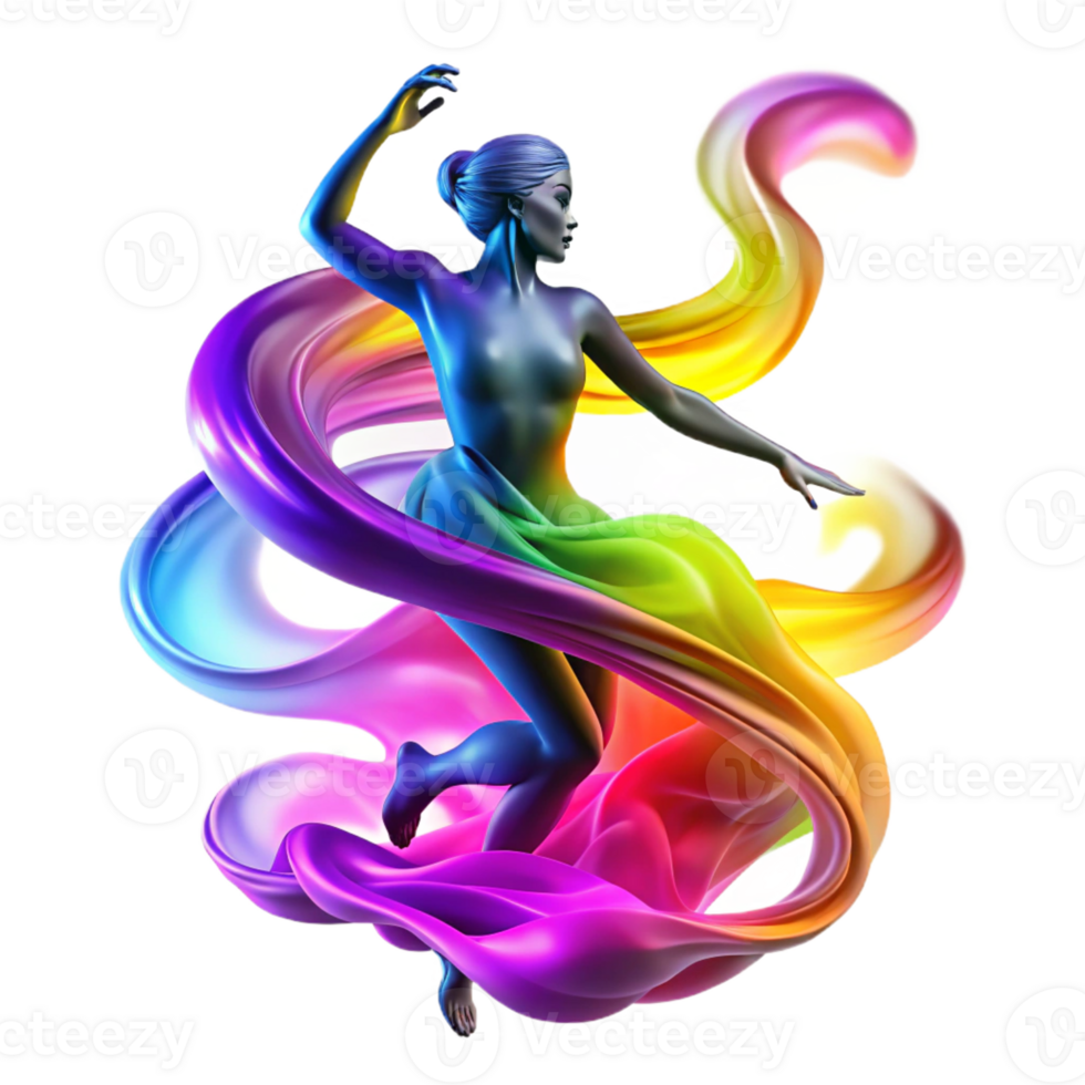 dramatic minimalist A swirling vortex of colorful smoke forming the silhouette of a dancing woman, illuminated by neon lights, in a vibrant, abstract art style professional png