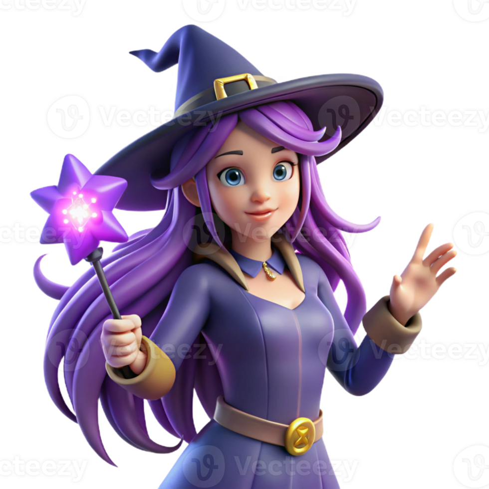 elegant modern A young witch with long, purple hair and a pointed hat casts a spell with her magic wand. Magical, sparkling lighting. Anime style detailed png