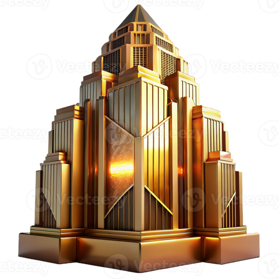 elegant contemporary An art deco skyscraper with gold accents and geometric patterns, bathed in the warm glow of a golden hour sunset. Art Deco style, realistic rendering, cinematic lighting original png