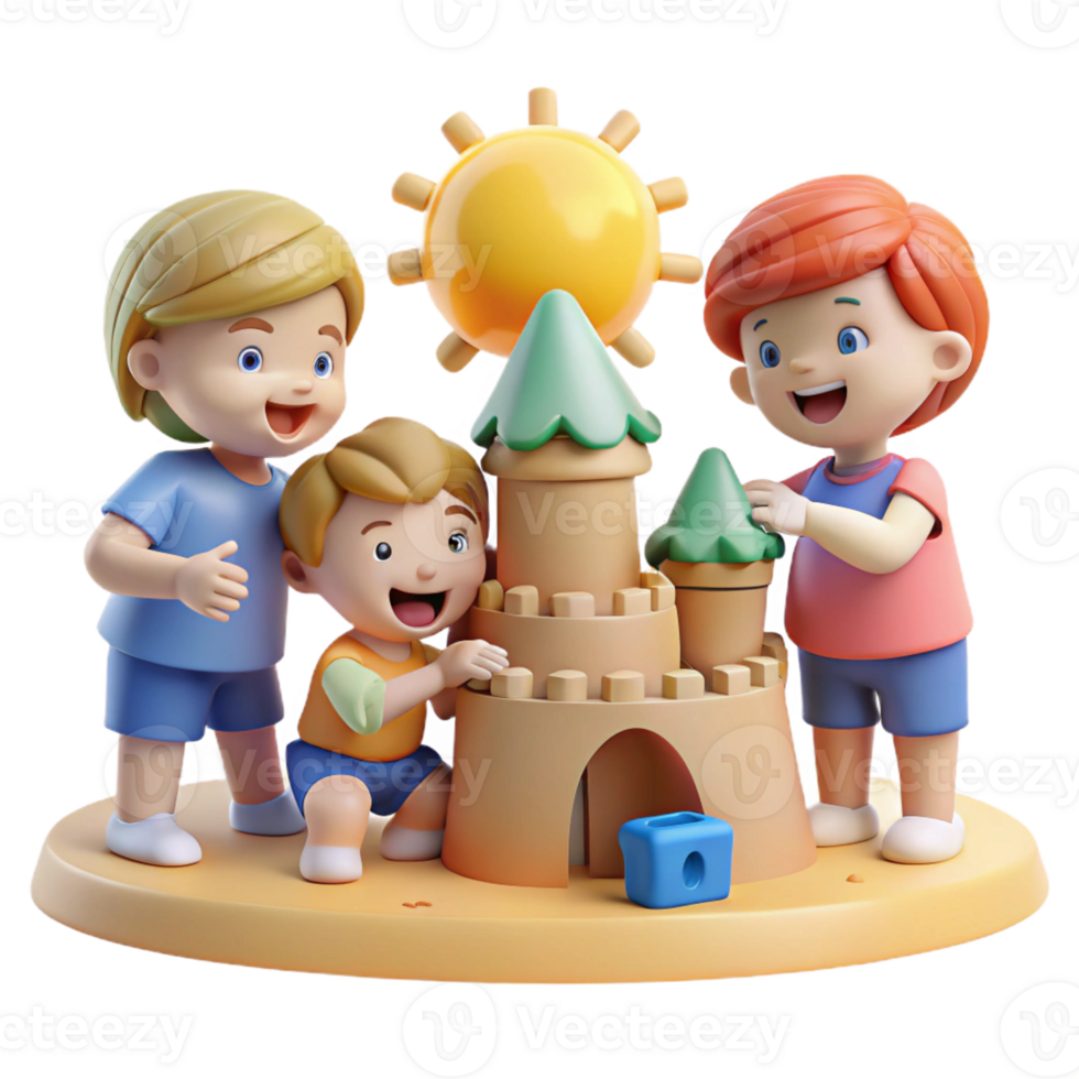 stunning artistic A playful group of cartoon children building a sandcastle on a sunny beach, bright midday sun illuminating the scene, drawn in a simple and cheerful cartoon style original png