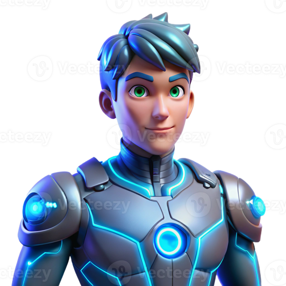 impressive rustic A cyborg with glowing blue circuitry visible beneath their synthetic skin, in a dynamic, anime style premium png