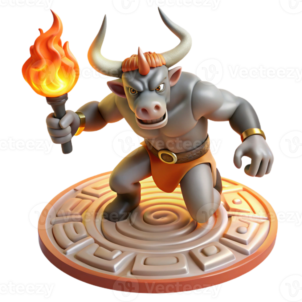 stunning minimalist A powerful minotaur with the head of a bull and the body of a man, charging through a labyrinth. Dramatic, torch-lit lighting. Mythological style professional png