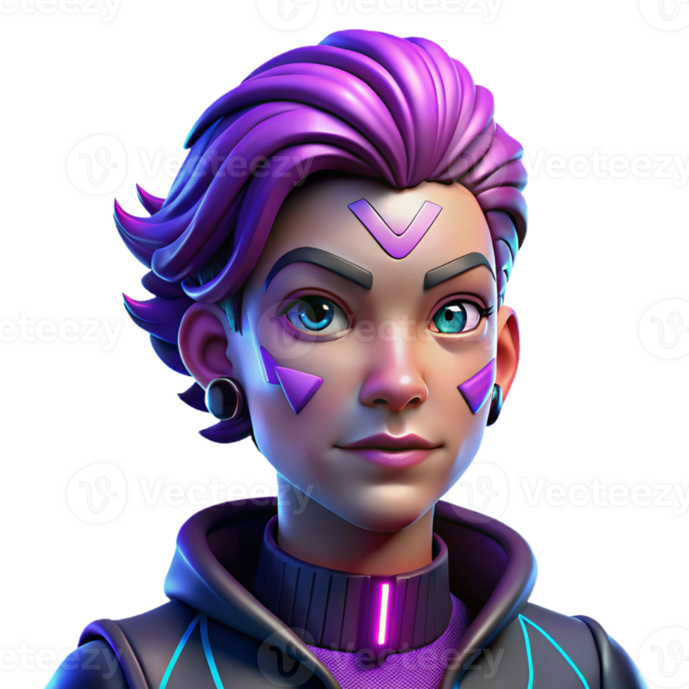 elegant rustic Portrait of a non-binary person with vibrant purple hair and intricate facial tattoos, illuminated by neon lights, in a cyberpunk style detailed png