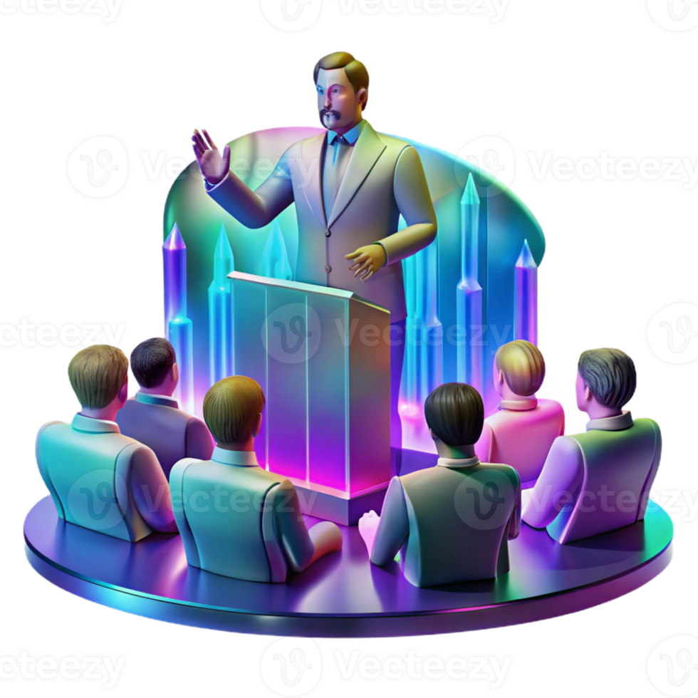 vibrant artistic A holographic projection of a political leader addressing a crowd, distorted visuals, glitch art style, vibrant neon colors, dramatic lighting genuine png