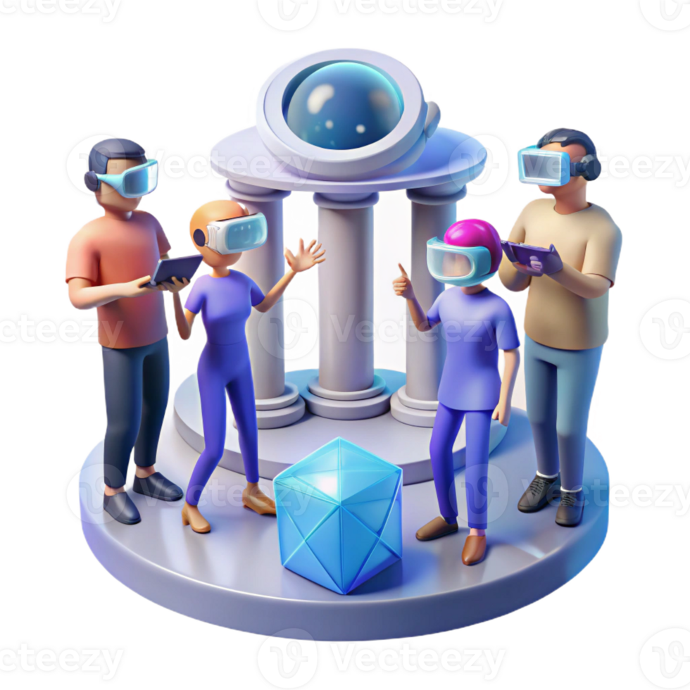 extraordinary vintage A group of humans with augmented reality headsets exploring a virtual museum, surrounded by holographic artifacts. Photorealistic style high quality png
