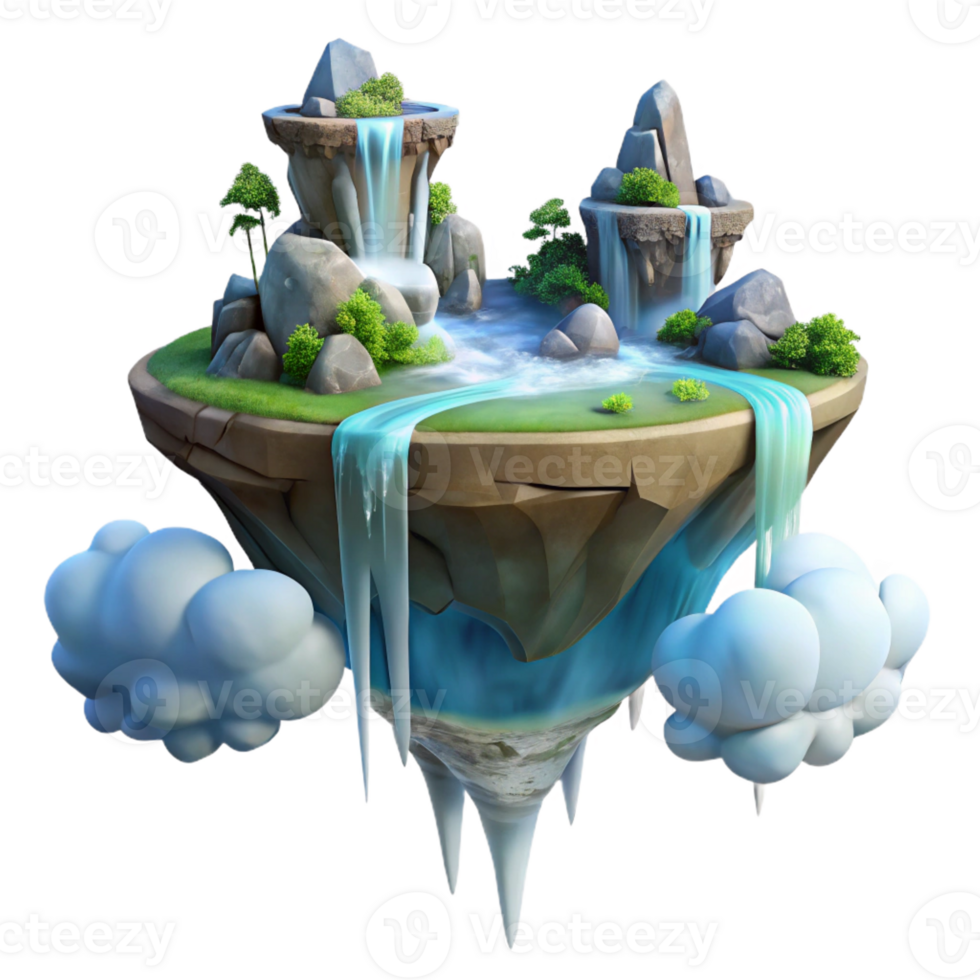 elegant abstract A floating island with waterfalls cascading down the sides, ethereal light, fantasy art style detailed png