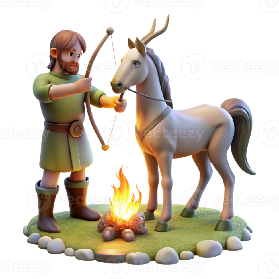magnificent minimalist A wise centaur teaching archery to a young human, illuminated by the warm light of a campfire, in a classical painting style genuine png