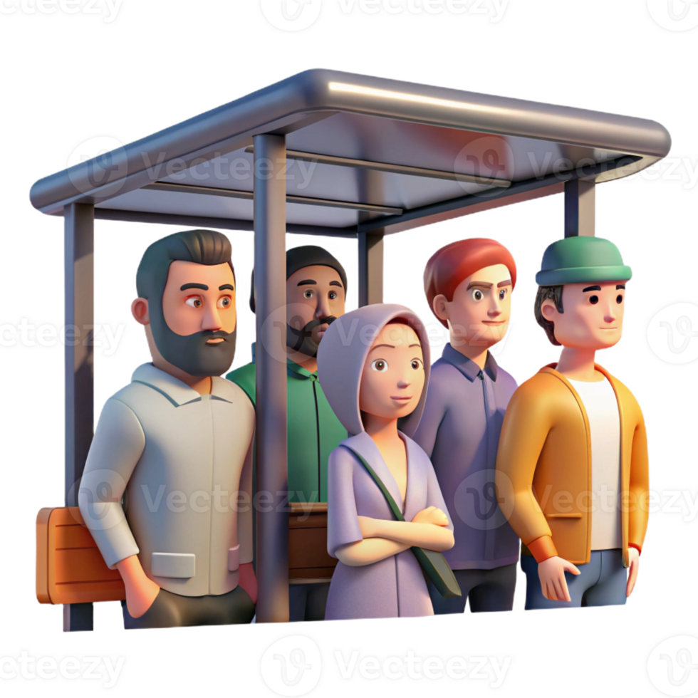 dramatic abstract A hyperrealistic portrait of a diverse group of urban commuters waiting at a bus stop at dawn, soft golden light, photorealistic style original png