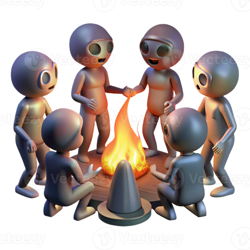vibrant classic A group of genetically modified humans with glowing skin and unusual features, gathered around a bonfire, illuminated by the flickering firelight. Science fiction style detailed png