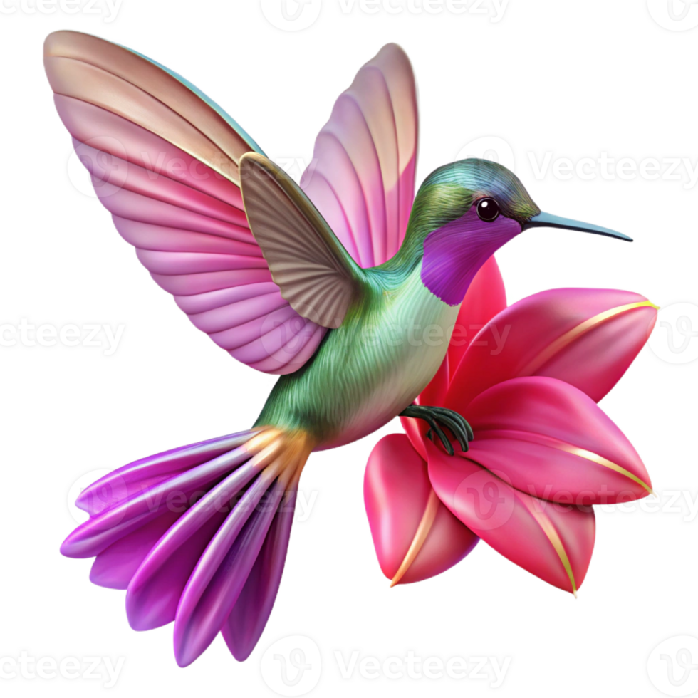 wonderful contemporary A hummingbird hovering near a vibrant fuchsia flower, wings blurred in motion, soft focus, Impressionist style detailed png