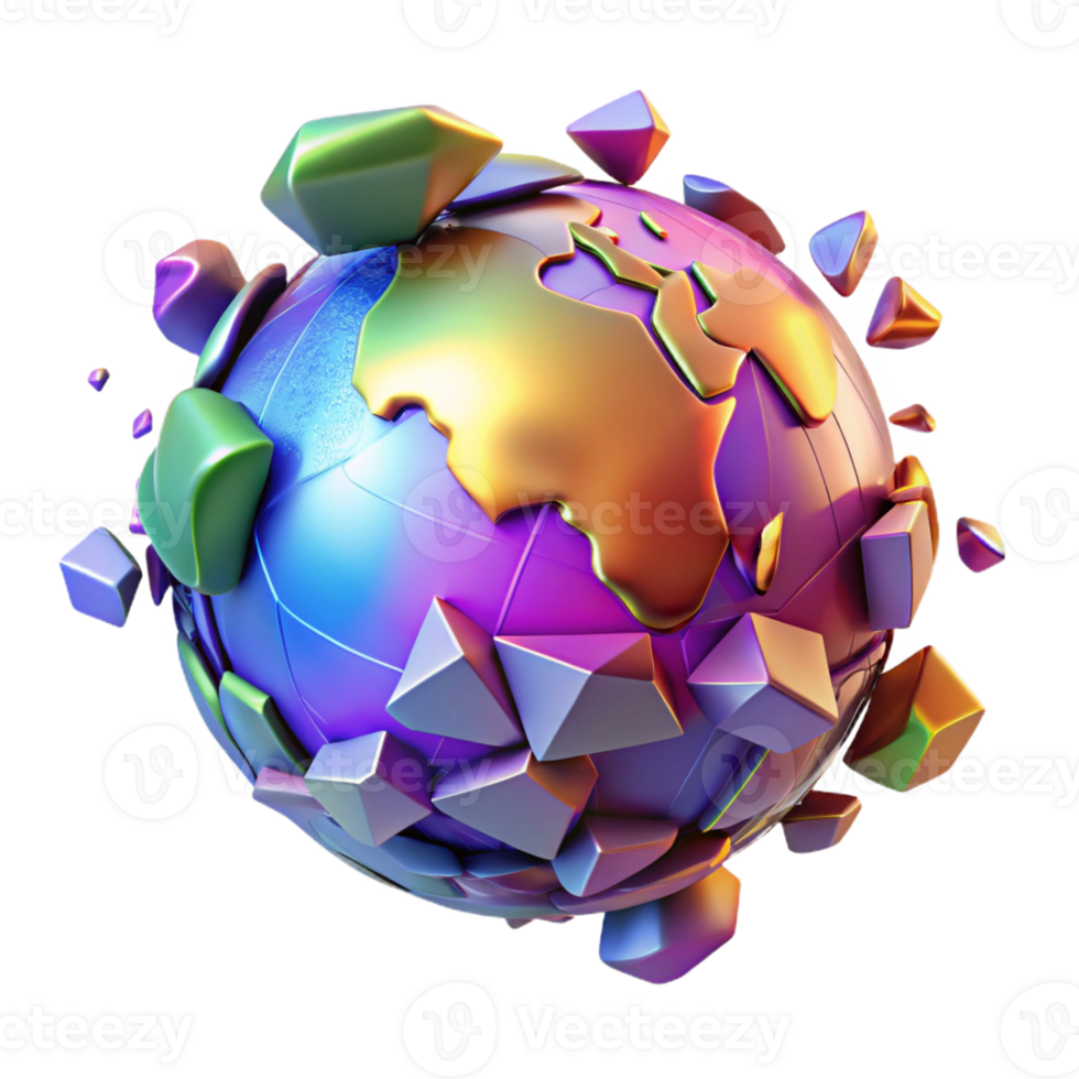 stunning vintage A holographic projection of planet Earth shattering into fragments, vibrant colors, digital art style authentic png