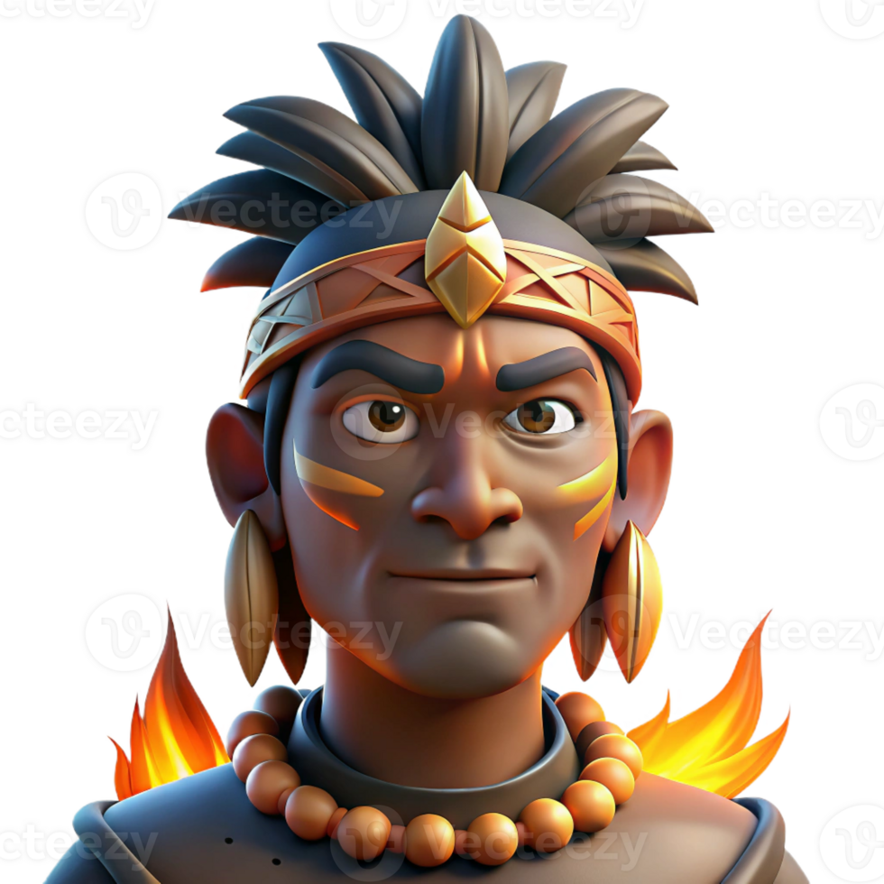 extraordinary rustic Portrait of a tribal warrior with elaborate face paint and headdress, lit by the flickering light of a campfire, in a stylized, ethnographic art style genuine png