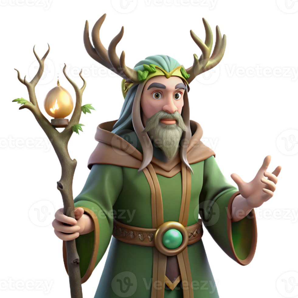 stunning contemporary A wise druid with intricate tattoos and antler headdress, performing a ritual in a sacred grove. Soft, dappled forest lighting. Celtic mythology style exclusive png