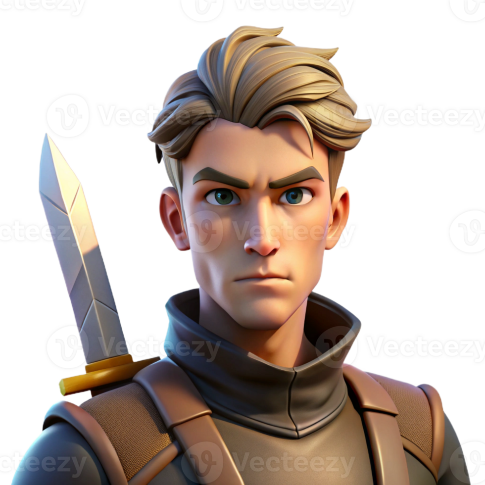 dramatic artistic Portrait of a young man with a determined expression, holding a sword, lit by dramatic, contrasting light, in a heroic fantasy style exclusive png