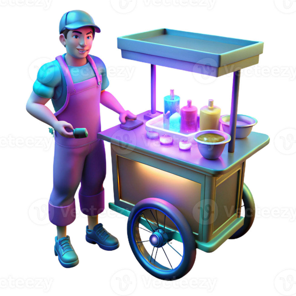extraordinary abstract A street vendor selling bioluminescent food from a futuristic cart, in a bustling cyberpunk marketplace, in a vibrant, comic book style professional png