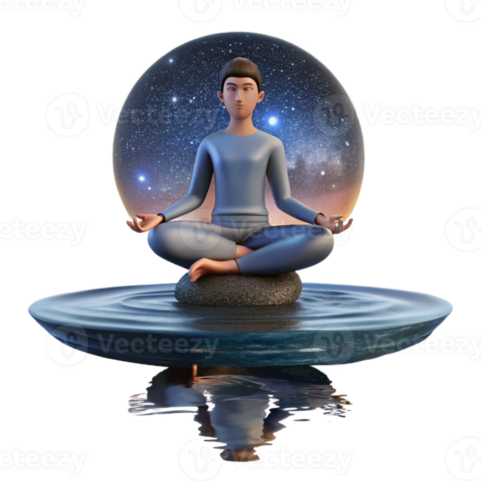 stunning abstract A meditating yogi levitating above a serene lake reflecting a starry night sky, in a realistic, spiritual art style high resolution png