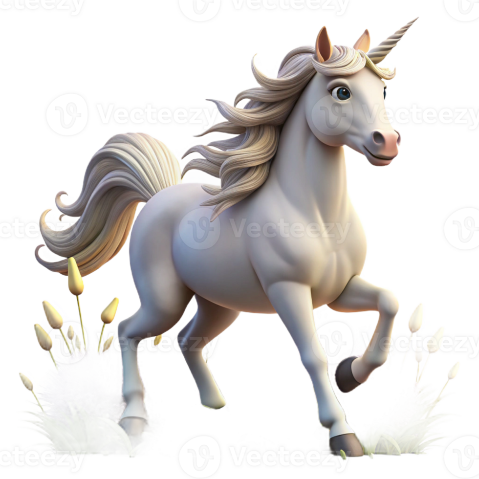 extraordinary creative A majestic unicorn with a silver horn and flowing mane, galloping through a field of wildflowers. Soft, golden sunlight, dreamlike fantasy style high resolution png