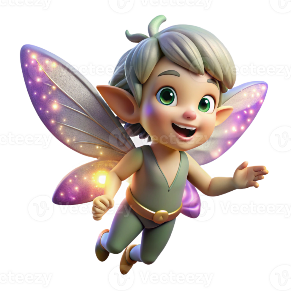 wonderful contemporary A playful pixie with iridescent wings and a mischievous grin, sprinkling fairy dust, lit by glowing particles. Anime style genuine png