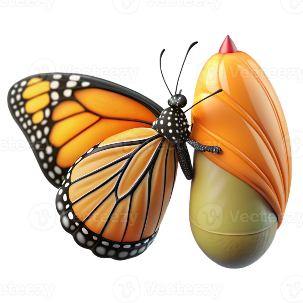 serene rustic A monarch butterfly emerging from its chrysalis, vibrant orange and black wings, soft natural light, macro photography style original png