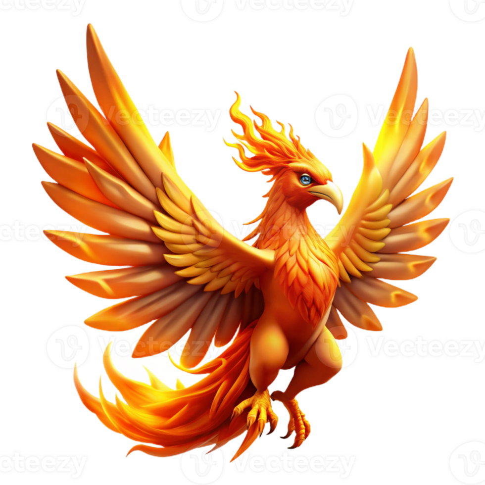 vibrant abstract A majestic phoenix rising from the ashes, bathed in golden light. Intense, fiery lighting. Fantasy art style premium png