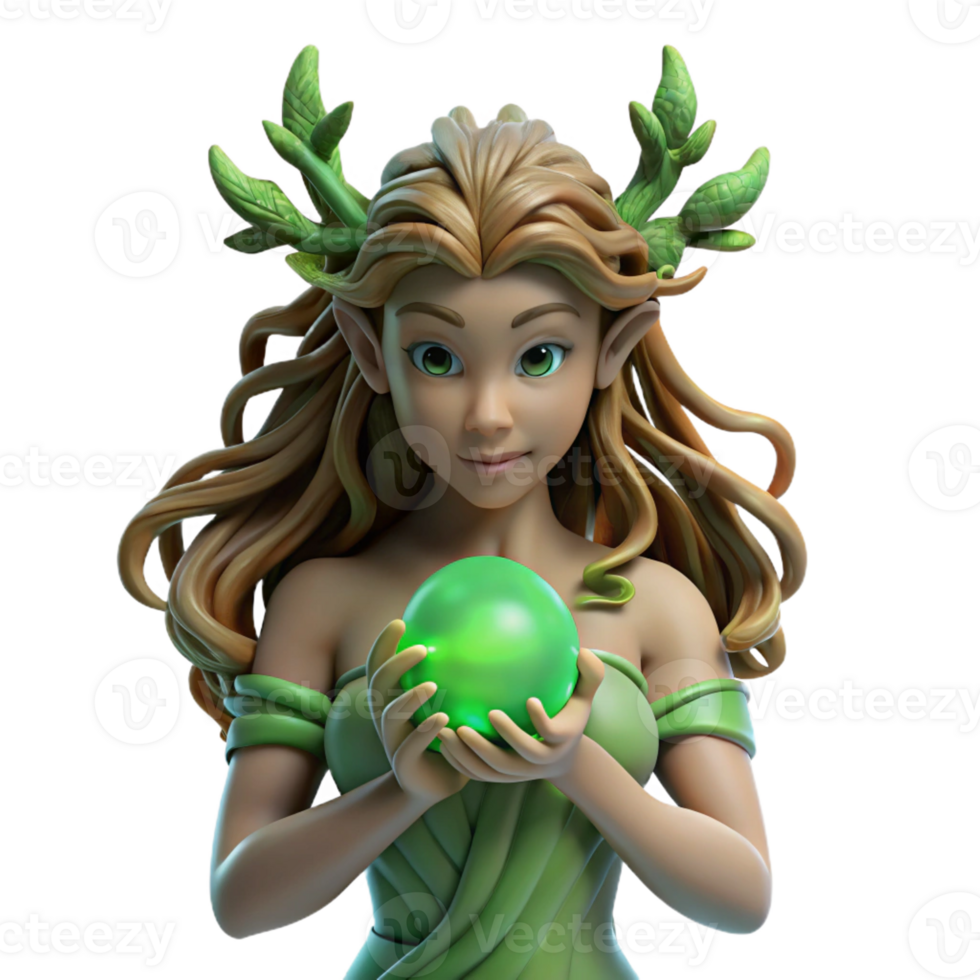 vibrant abstract A serene dryad with bark-like skin and flowing vine hair, cradling a glowing orb of emerald light. Soft, dappled forest lighting. Pre-Raphaelite style original png