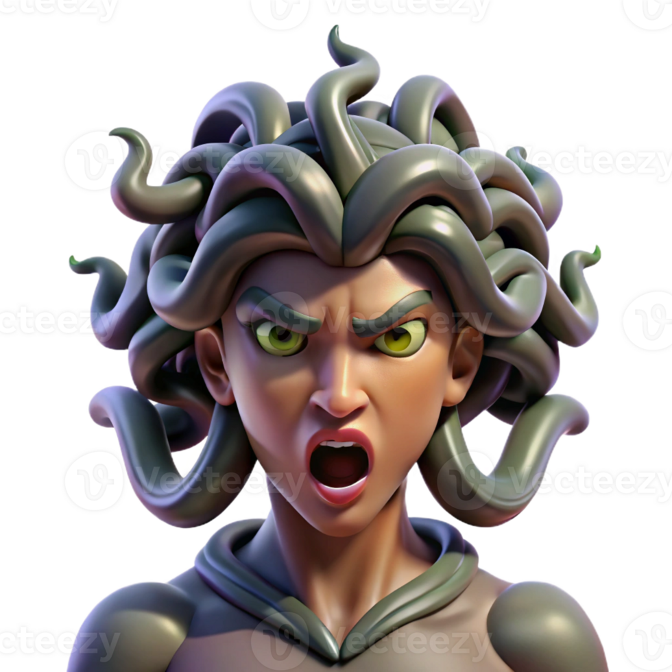 extraordinary creative A fierce gorgon with snakes for hair, turning a warrior to stone, in a dramatic, baroque style, with chiaroscuro lighting exclusive png