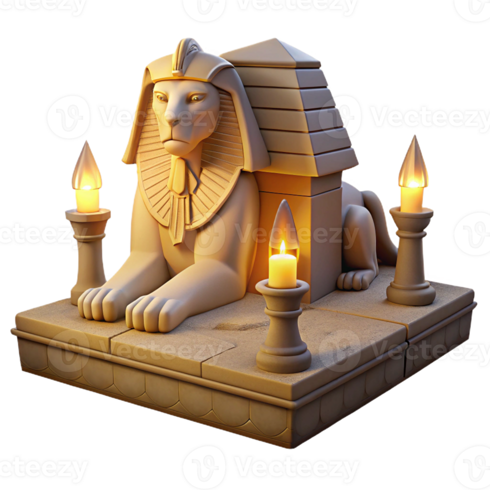 wonderful creative A mysterious sphinx with the body of a lion and the head of a human, guarding a hidden tomb, illuminated by the dim light of torches. Egyptian style detailed png