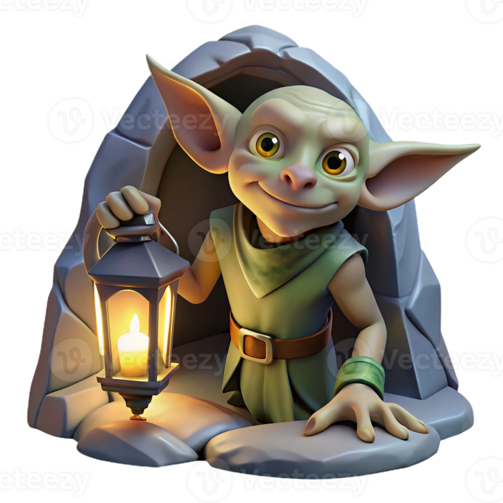 dramatic traditional A cunning goblin with pointed ears and a mischievous grin, hiding in a dark cave, illuminated by the dim light of a lantern. Dark fantasy style 4K png