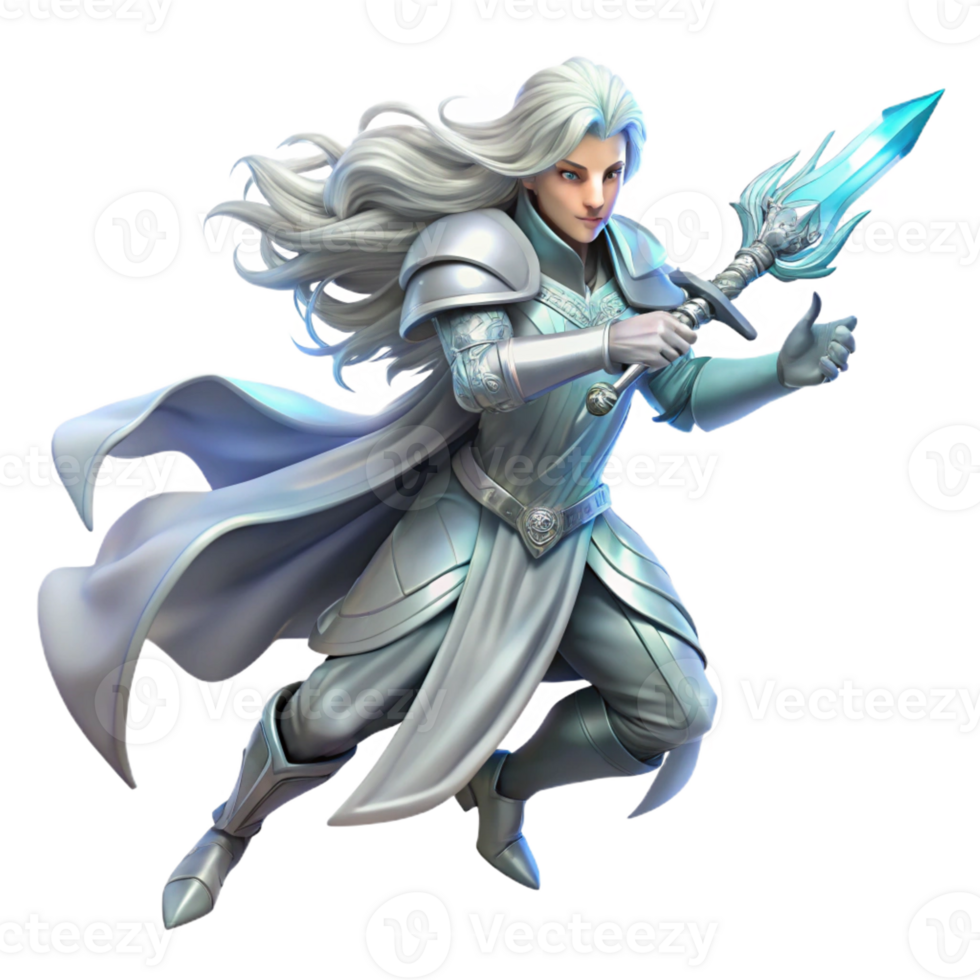 vibrant modern A lone, ethereal warrior with flowing silver hair, wielding a crystal sword, bathed in soft moonlight. Art Nouveau style, highly detailed authentic png