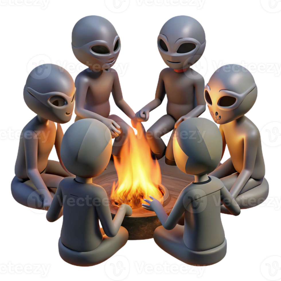 beautiful creative A group of genetically modified humans with glowing skin and unusual features, gathered around a bonfire, illuminated by the flickering firelight. Science fiction style genuine png