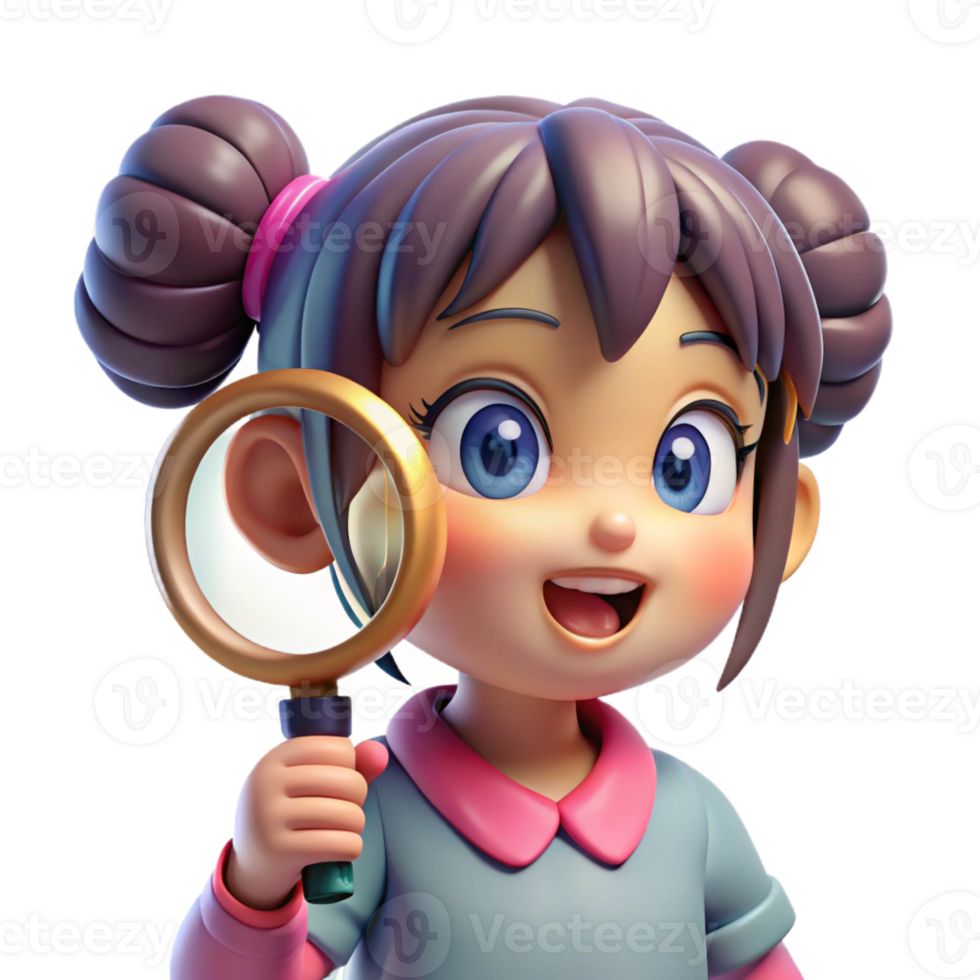 beautiful creative A curious anime child with wide eyes and pigtails, holding a magnifying glass, bright, cheerful lighting, in the style of an adventure anime genuine png