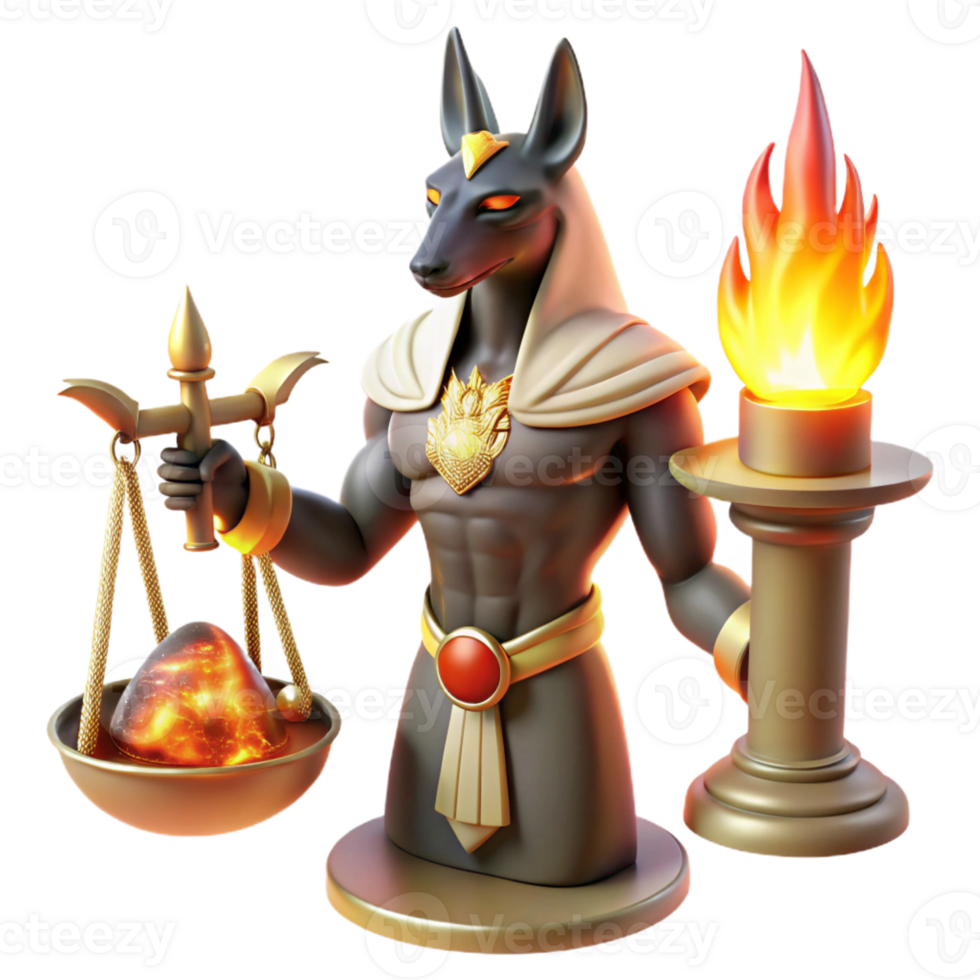 impressive creative A benevolent Anubis weighing a heart against a feather, in the Hall of Judgment, lit by ethereal flames, in an ancient Egyptian style 4K png