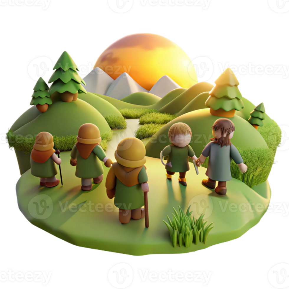 stunning classic A group of adventurous hobbits traveling through a rolling green landscape. Warm, afternoon sunlight. Tolkien-esque style 4K png