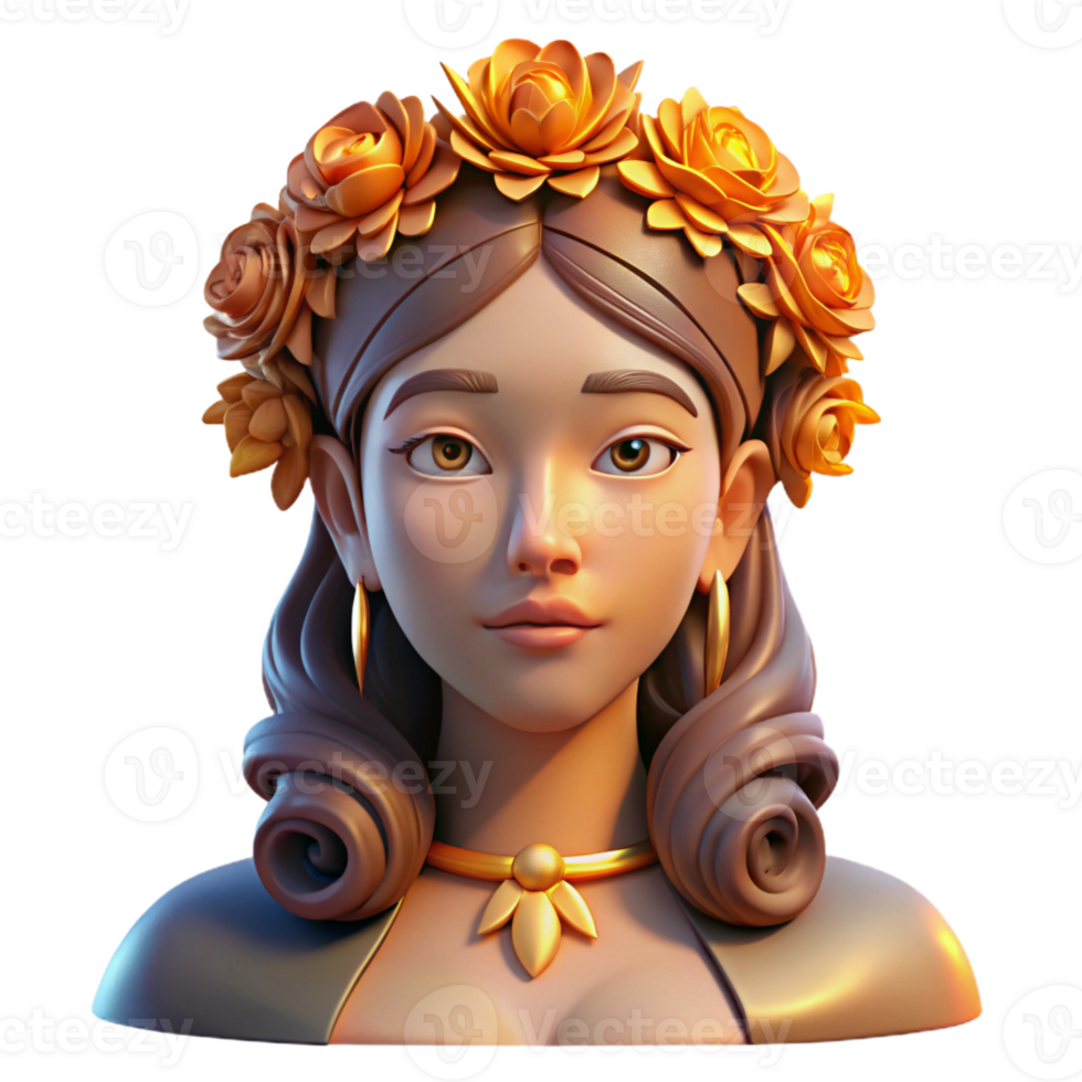 vibrant modern Portrait of a woman with an elaborate floral crown and a serene expression, lit by the golden light of a sunset, in a bohemian style genuine png