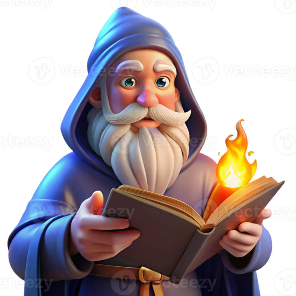 serene creative A wise old wizard with a long white beard and twinkling blue eyes studies an ancient tome. Warm, firelight. Renaissance painting style 4K png