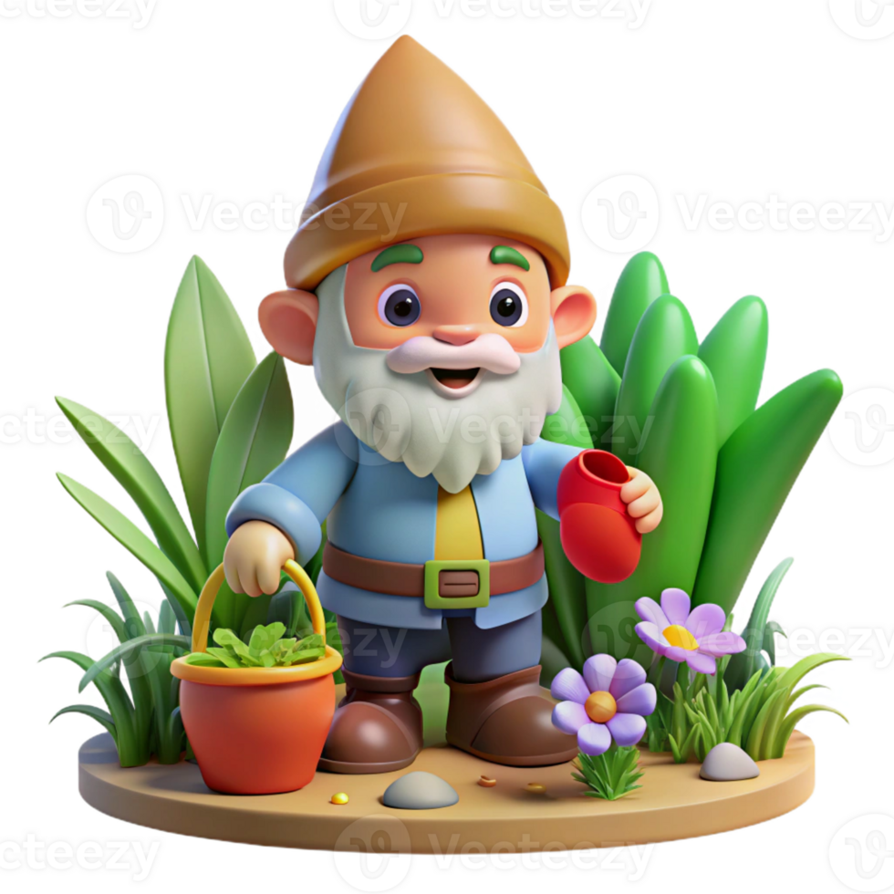 wonderful rustic A whimsical gnome with a pointed hat and a cheerful smile, tending to a magical garden. Digital painting, warm lighting original png